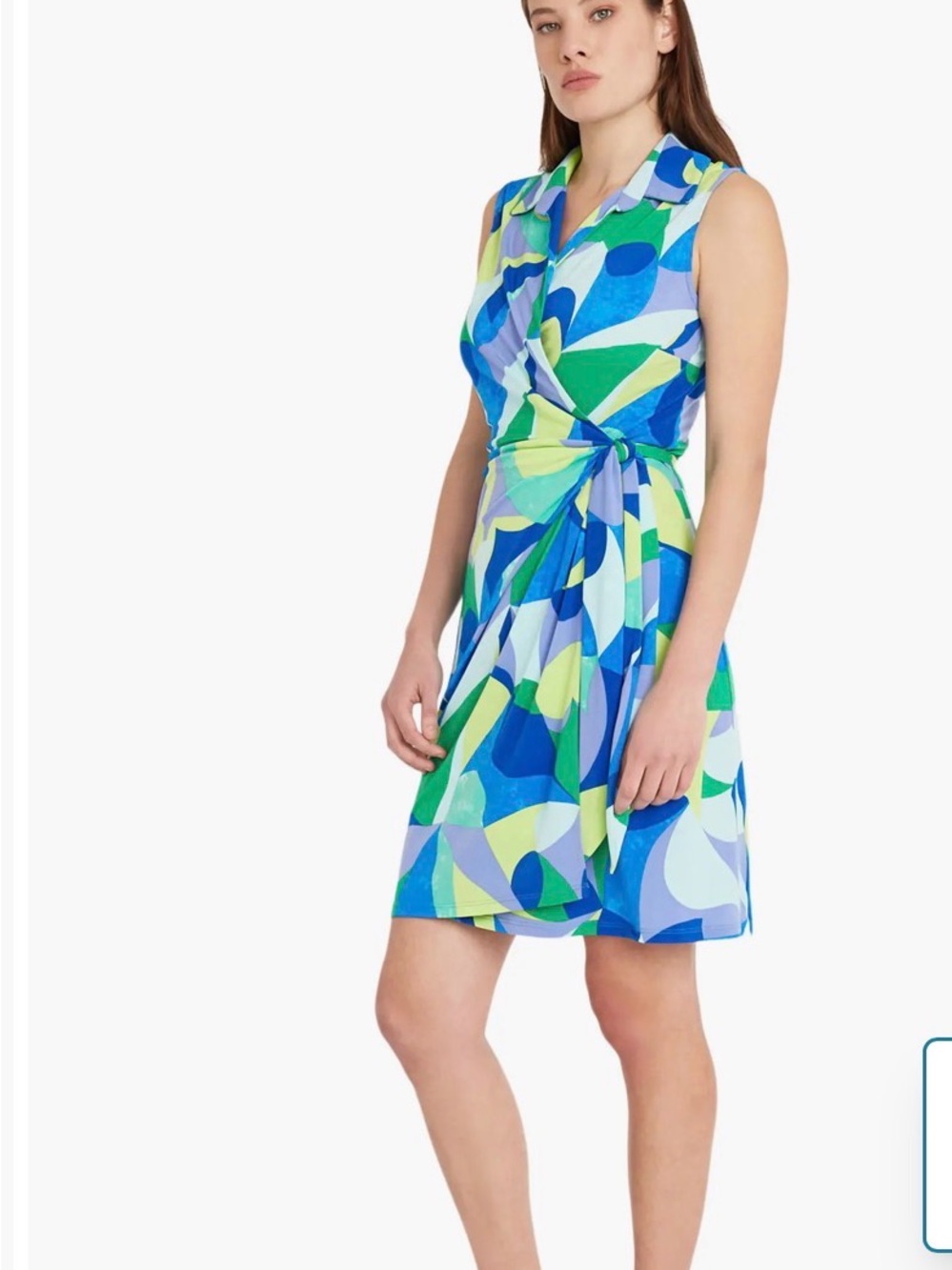 DONNA MORGAN FOR MAGGY Sleeveless Wrap Dress in Blue & Green Abstract Print